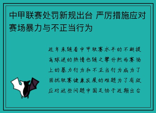 中甲联赛处罚新规出台 严厉措施应对赛场暴力与不正当行为