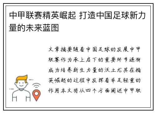 中甲联赛精英崛起 打造中国足球新力量的未来蓝图
