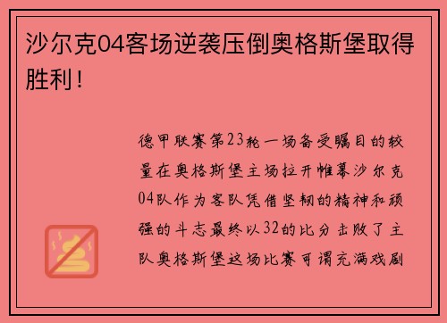 沙尔克04客场逆袭压倒奥格斯堡取得胜利！